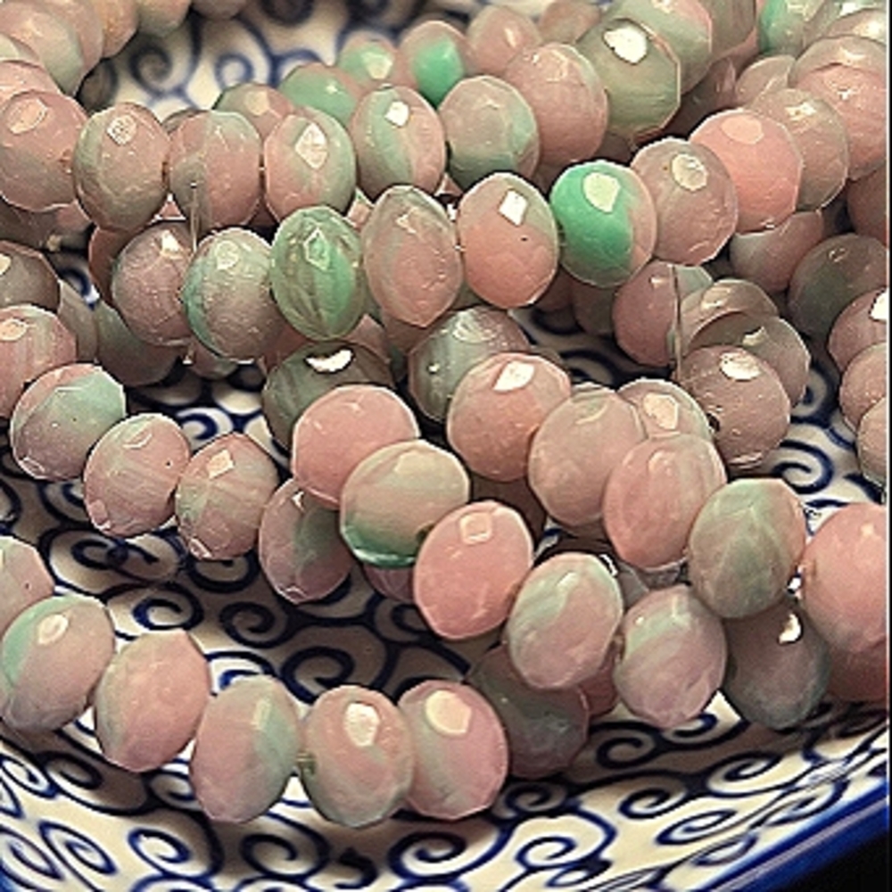 Pastel Pink And Green Czech Rondell Beads